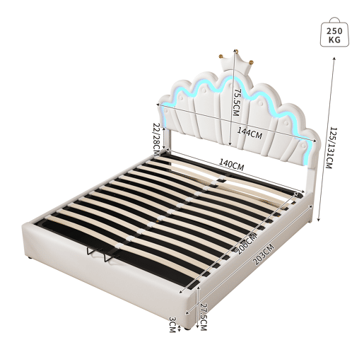 Cama contentora estofada em pele sintética 140x200 cm - cama princesa com LED e molduras no teto - Branco