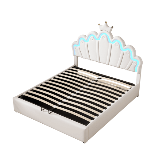 Cama contentora estofada em pele sintética 140x200 cm - cama princesa com LED e molduras no teto - Branco