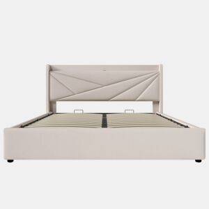 Cama contentora em tecido de linho 160x200 cm - com porta USB e estrado - Bege