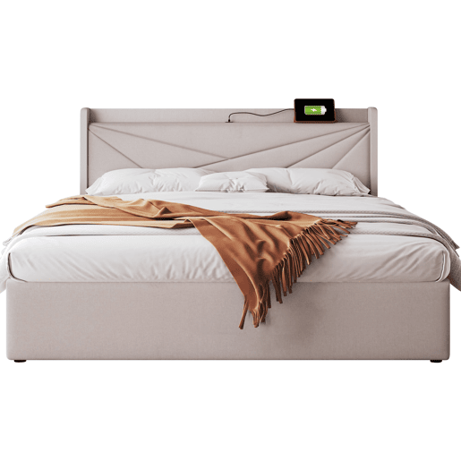 Cama contentora em tecido de linho 160x200 cm - com porta USB e estrado - Bege