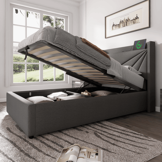 Cama contentora em tecido de linho 90x200 cm - com porta USB e estrado - Cinzento