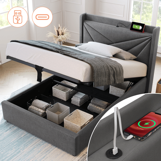 Cama contentora em tecido de linho 90x200 cm - com porta USB e estrado - Cinzento