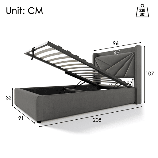 Cama contentora em tecido de linho 90x200 cm - com porta USB e estrado - Cinzento