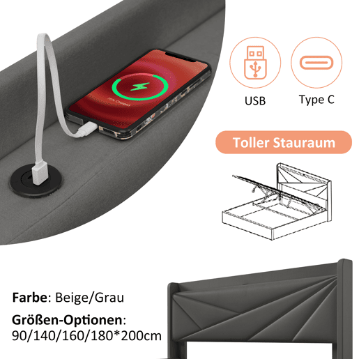 Cama contentora em tecido de linho 90x200 cm - com porta USB e estrado - Cinzento