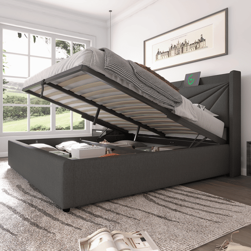 Cama contentora em tecido de linho 140x200 cm - com porta USB e estrado - Cinzento