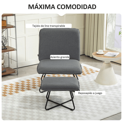 HOMCOM Poltrona Sala de Estar com Apoio para os Pés Poltrona Relax sem Apoio para os Braços com Pés de Aço em Forma de Cruz para Sala de Estar Dormitório Cinza Escuro