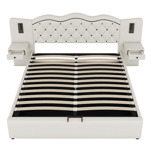 Cama de linho com arrumação 180x200 cm - 2 mesas de cabeceira com arrumação com tomada USB e candeeiros - Bege