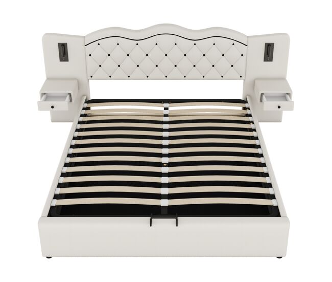 Cama con almacenaje de lino 180x200 cm - 2 mesitas de noche con almacenaje con toma usb y lámparas - beige