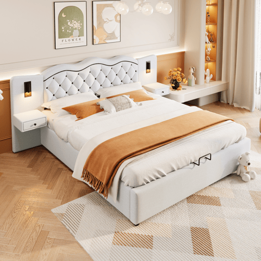 Cama de linho com arrumação 180x200 cm - 2 mesas de cabeceira com arrumação com tomada USB e candeeiros - Bege