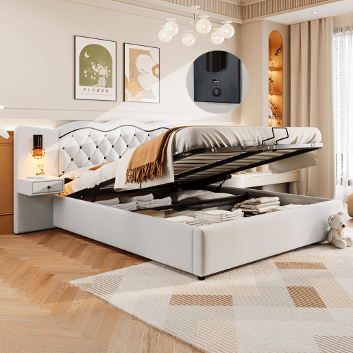 Cama de linho com arrumação 180x200 cm - 2 mesas de cabeceira com arrumação com tomada USB e candeeiros - Bege
