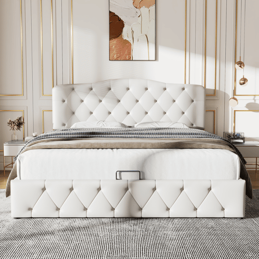 Cama contentora 140x200 cm em pele sintética - com cabeceira regulável - Branco
