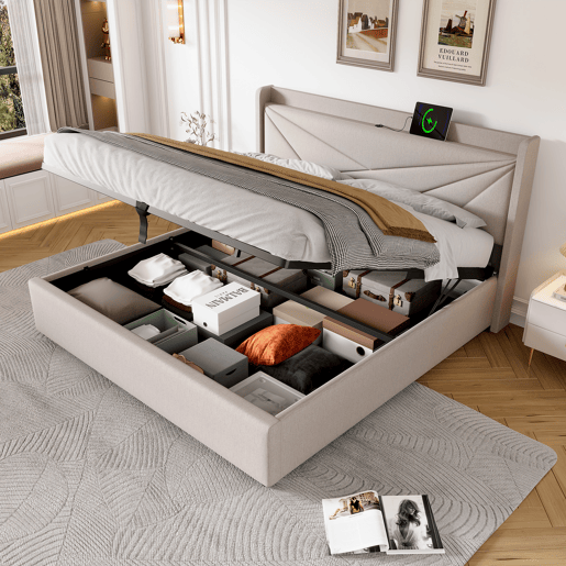 Cama contentora em tecido de linho 180x200 cm - com porta USB e estrado - Bege