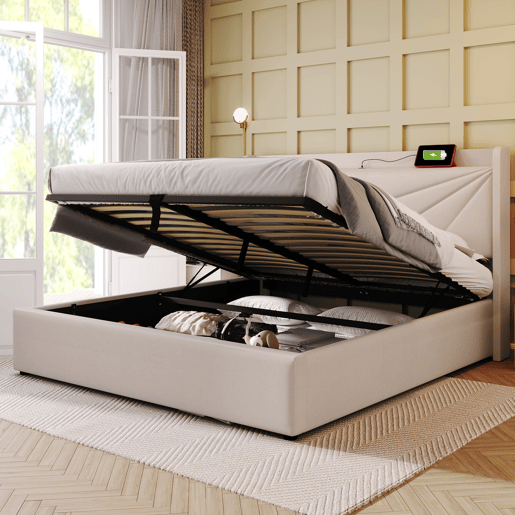 Cama contentora em tecido de linho 180x200 cm - com porta USB e estrado - Bege