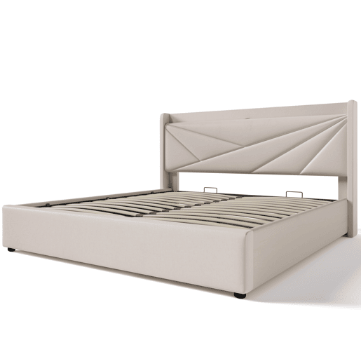 Cama contentora em tecido de linho 180x200 cm - com porta USB e estrado - Bege