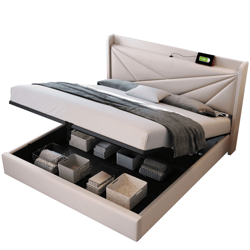 Cama contentora em tecido de linho 180x200 cm - com porta USB e estrado - Bege