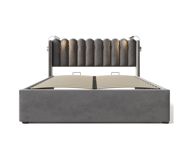 Cama contenedor tapizada con led y puertos de carga usb - 160x200cm - tela de terciopelo - con somier - gris