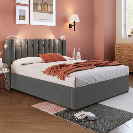 Cama contentora estofada com LED e portas de carregamento USB - 160x200cm - tecido aveludado - com estrado de molas - Cinzento