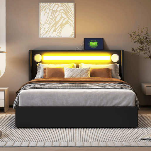 Cama contentora estofada em pele 140x200 cm com LED, leitor Bluetooth e portas de carregamento USB - com estrado - Preto