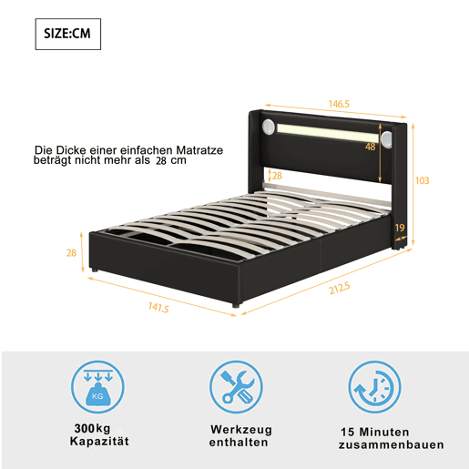 Cama contentora estofada em pele 140x200 cm com LED, leitor Bluetooth e portas de carregamento USB - com estrado - Preto