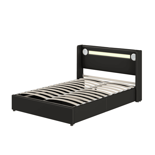 Cama contentora estofada em pele 140x200 cm com LED, leitor Bluetooth e portas de carregamento USB - com estrado - Preto