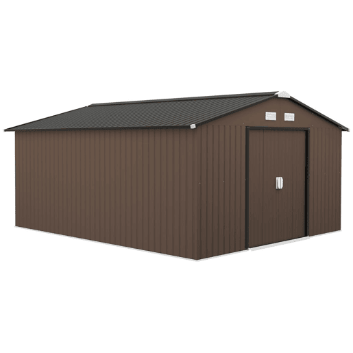 Outsunny Casa de Jardim Exterior, 12,4 m² 340x386x200 cm Abrigo de Jardim Metálico com Portas Duplas com Fechadura, Kit de Fundação e Ventilação para Armazenamento de Bicicletas, Castanho