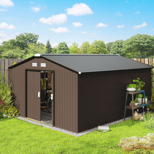 Outsunny Casa de Jardim Exterior, 12,4 m² 340x386x200 cm Abrigo de Jardim Metálico com Portas Duplas com Fechadura, Kit de Fundação e Ventilação para Armazenamento de Bicicletas, Castanho