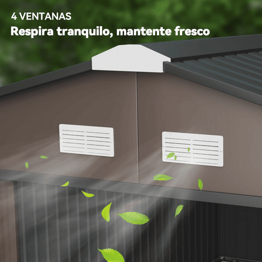 Outsunny Casa de Jardim Exterior, 12,4 m² 340x386x200 cm Abrigo de Jardim Metálico com Portas Duplas com Fechadura, Kit de Fundação e Ventilação para Armazenamento de Bicicletas, Castanho