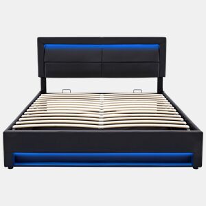 Cama contentora em couro sintético 140x190 cm com LED - com portas de carregamento (com e sem fios) - Preto