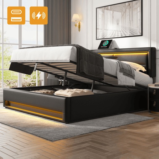 Cama contentora em couro sintético 140x190 cm com LED - com portas de carregamento (com e sem fios) - Preto