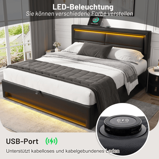 Cama contentora em couro sintético 140x190 cm com LED - com portas de carregamento (com e sem fios) - Preto