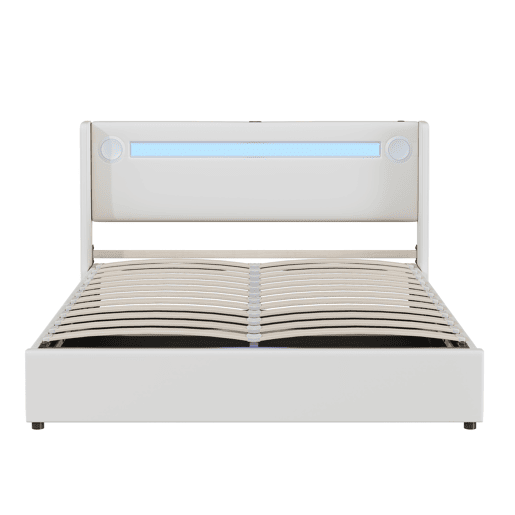 Cama contentora estofada em pele 160x200 cm com LED, leitor Bluetooth e portas de carregamento USB - com estrado - Branco