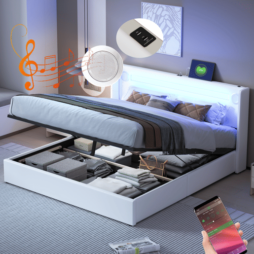 Cama contentora estofada em pele 160x200 cm com LED, leitor Bluetooth e portas de carregamento USB - com estrado - Branco