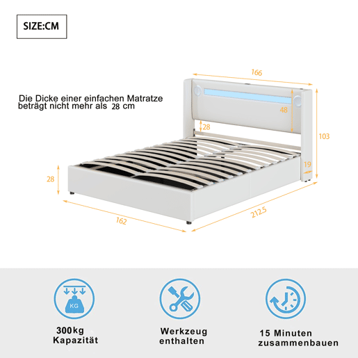 Cama contentora estofada em pele 160x200 cm com LED, leitor Bluetooth e portas de carregamento USB - com estrado - Branco