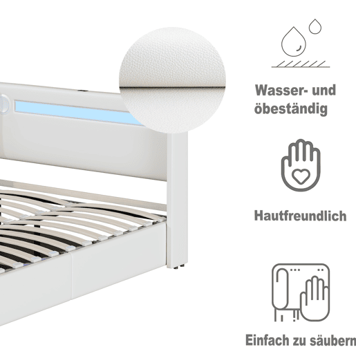 Cama contentora estofada em pele 160x200 cm com LED, leitor Bluetooth e portas de carregamento USB - com estrado - Branco