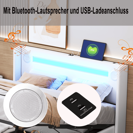 Cama contentora estofada em pele 160x200 cm com LED, leitor Bluetooth e portas de carregamento USB - com estrado - Branco