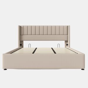 Cama contentora estofada em linho 180x200cm com estrado de ripas - Bege