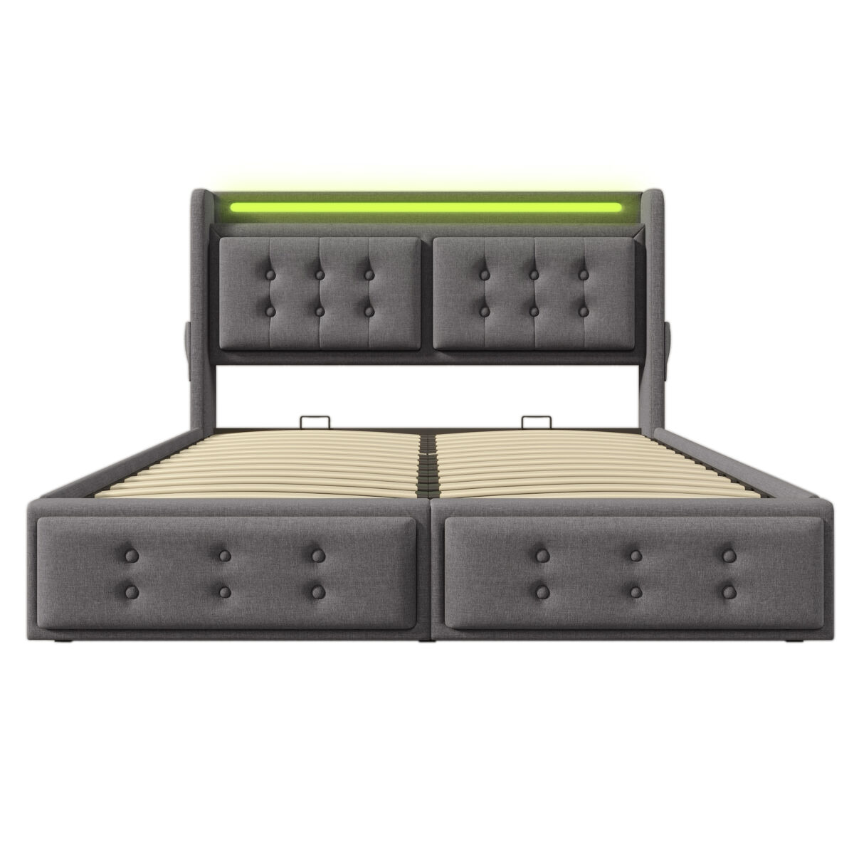 Cama contenedor de 160x200 cm en tela de lino - con led y puertos de carga - gris