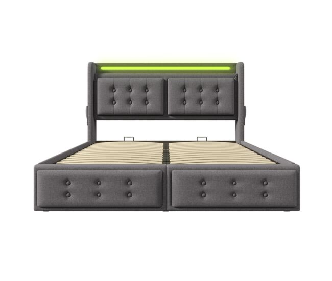 Cama contenedor de 160x200 cm en tela de lino - con led y puertos de carga - gris