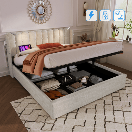 Cama contentora estofada com LED e portas de carregamento USB - 160x200cm - tecido de linho - com estrado de molas - Bege