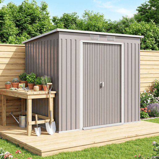 Outsunny Abrigo de Jardim 213x130x172 cm Abrigo de Exterior de Aço Galvanizado com Porta Corredeira e Ventilações para Armazenamento de Ferramentas Cinza Claro