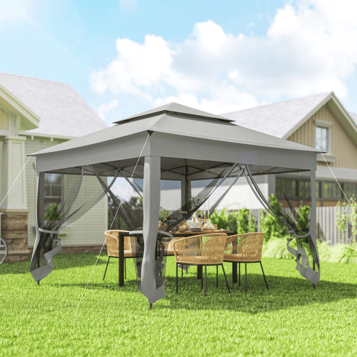 Outsunny Tenda Dobrável Exterior 325x325x270 cm Tenda de Jardim com Teto Duplo Rede Mosquiteira Amovível e Bolsa de Transporte para Jardim Pátio Cinzento