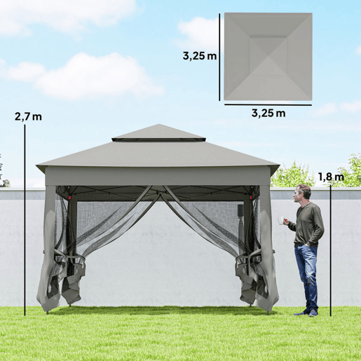 Outsunny Tenda Dobrável Exterior 325x325x270 cm Tenda de Jardim com Teto Duplo Rede Mosquiteira Amovível e Bolsa de Transporte para Jardim Pátio Cinzento