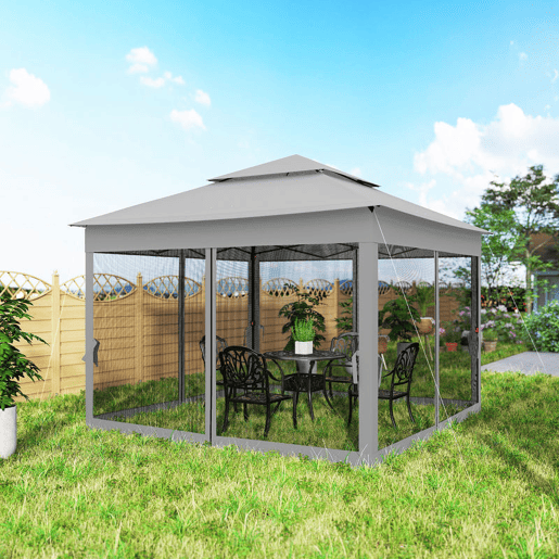 Outsunny Tenda Dobrável Exterior 325x325x270 cm Tenda de Jardim com Teto Duplo Rede Mosquiteira Amovível e Bolsa de Transporte para Jardim Pátio Cinzento