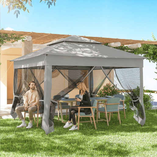 Outsunny Tenda Dobrável Exterior 325x325x270 cm Tenda de Jardim com Teto Duplo Rede Mosquiteira Amovível e Bolsa de Transporte para Jardim Pátio Cinzento
