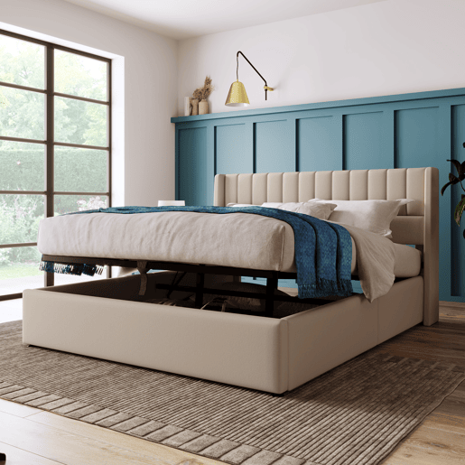Cama contentora estofada em linho 160x200cm com estrado de ripas - Bege