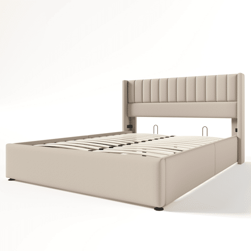Cama contentora estofada em linho 160x200cm com estrado de ripas - Bege