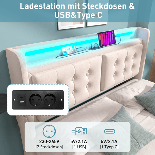 Cama de arrumação em tecido de linho 140x200 cm - com LED e portas de carregamento - Bege