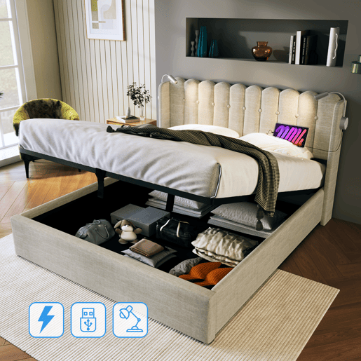 Cama contentora estofada com LED e portas de carregamento USB - 140x200cm - tecido de linho - com estrado de molas - Bege