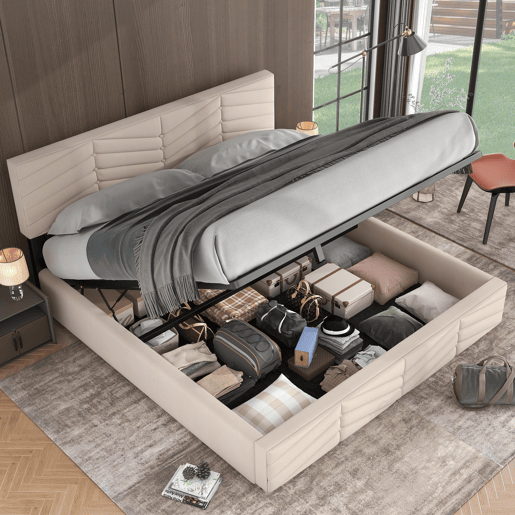 Cama de contentor em veludo com estrado de ripas + cabeceira regulável - 160x200cm - Bege