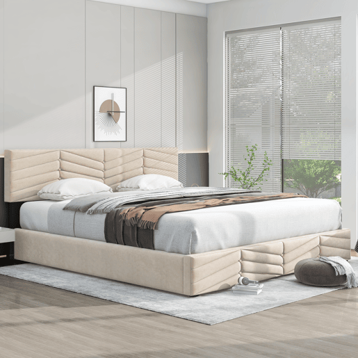 Cama de contentor em veludo com estrado de ripas + cabeceira regulável - 160x200cm - Bege